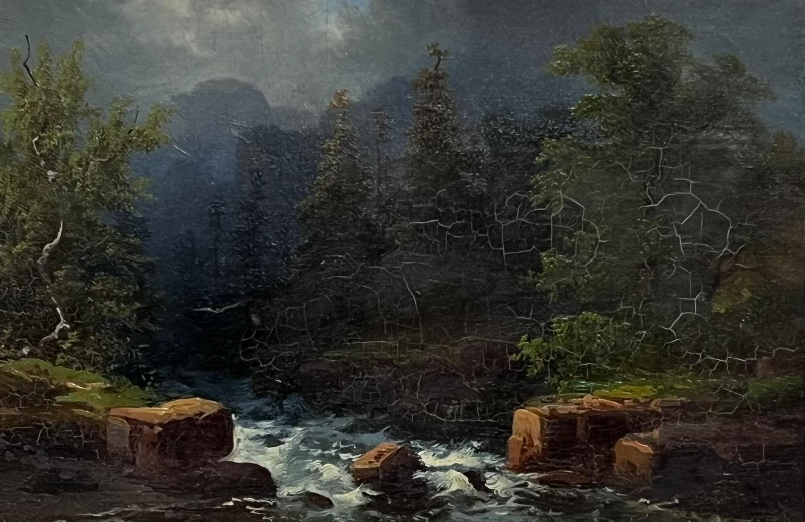 19th Century German Forest River Valley Landscape Antique Framed Oil Painting 1