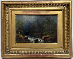 19th Century German Forest River Valley Landscape Antique Framed Oil Painting