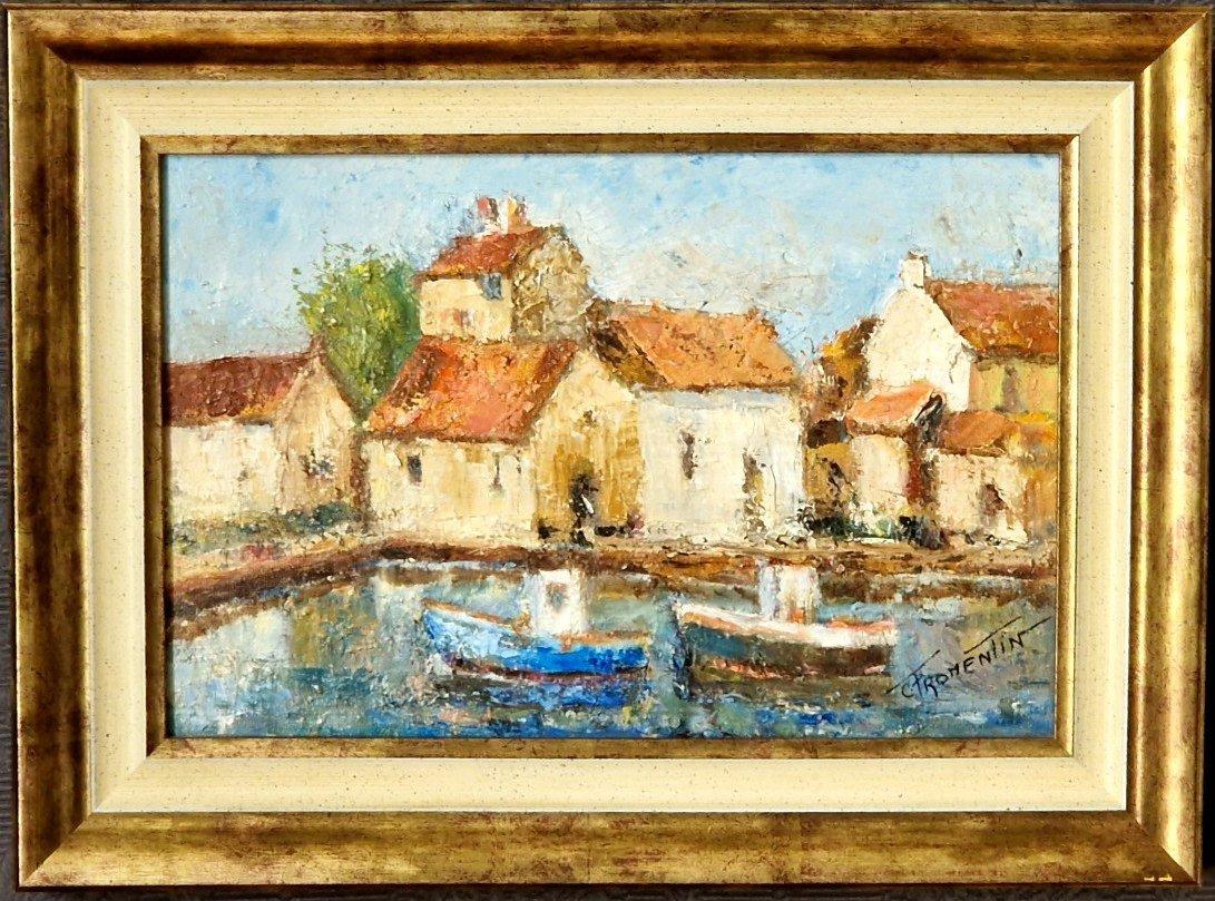 Harbour of Honfleur, Original-Ölgemälde auf Leinwand, Meeresszene, Französische Schule – Painting von Colette Fromentin