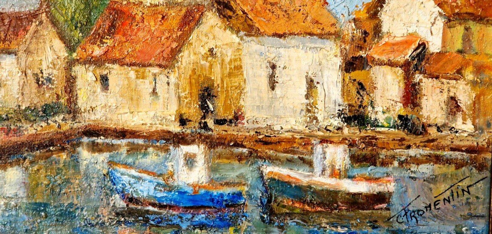 Harbour of Honfleur, Original-Ölgemälde auf Leinwand, Meeresszene, Französische Schule (Impressionismus), Painting, von Colette Fromentin