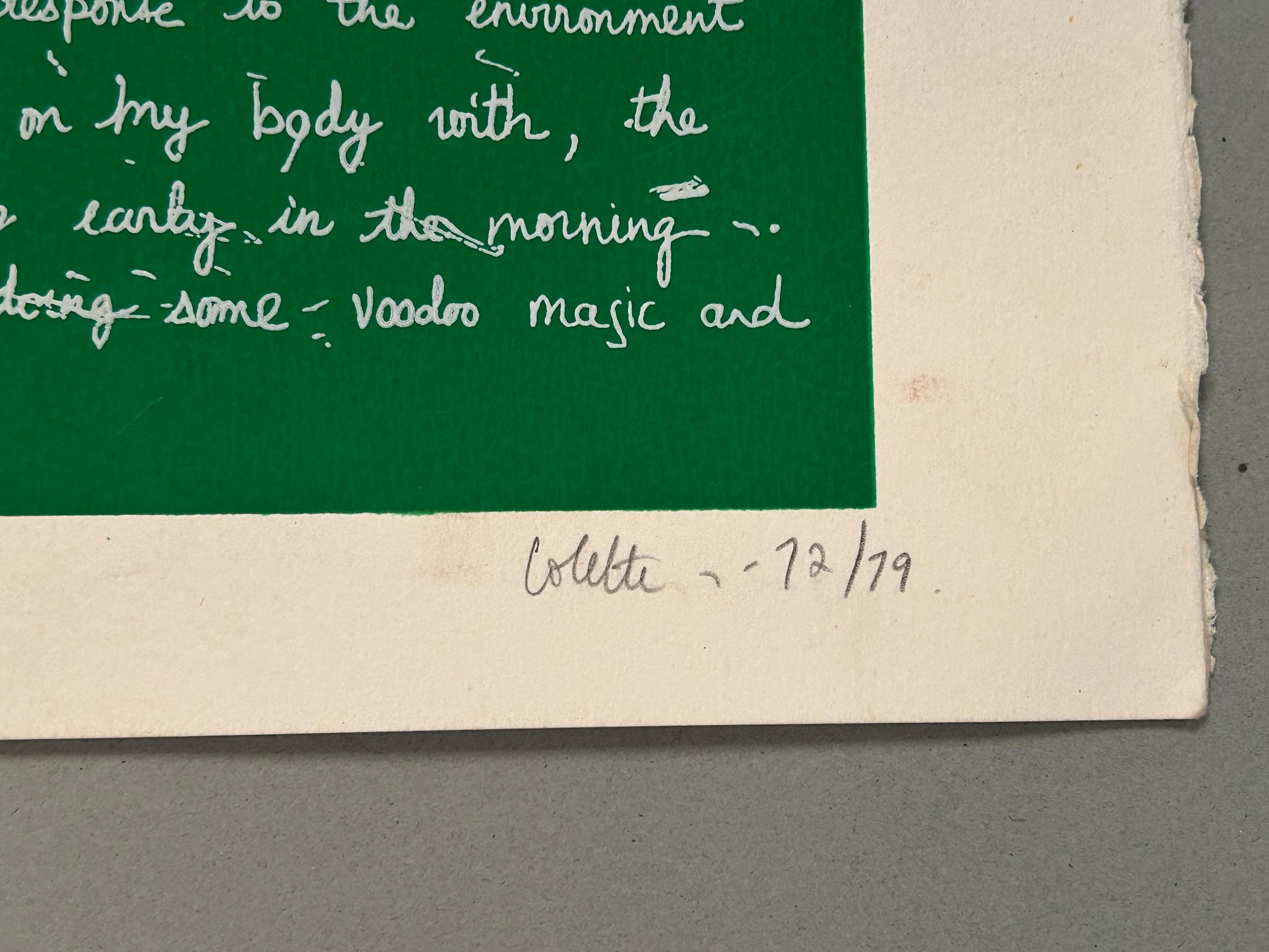 Eine Lithografie mit einem Raster aus fotografischen Übertragungen auf einem leuchtend grünen Hintergrund, begleitet von einem handgeschriebenen Text, der eine Performance-Kunstaktion beschreibt.

Colette Justine ist eine einflussreiche Figur in der