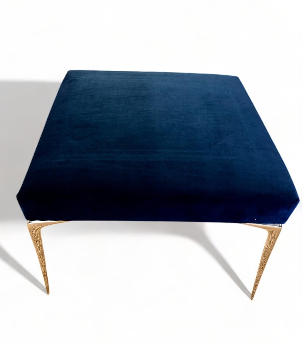 Mid-Century Modern Colette Ottoman in Navy Velvet with Vintage Solid Brass Stiletto Legs For Sale