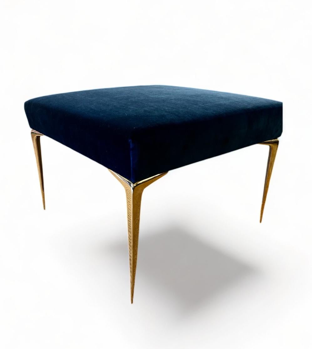 American Colette Ottoman in Navy Velvet with Vintage Solid Brass Stiletto Legs For Sale