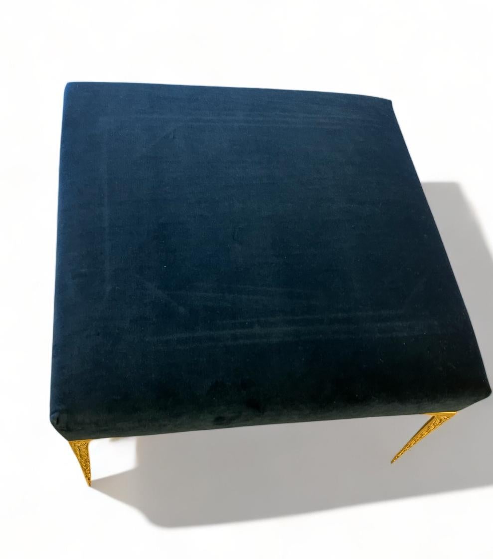 Hand-Crafted Colette Ottoman in Navy Velvet with Vintage Solid Brass Stiletto Legs For Sale