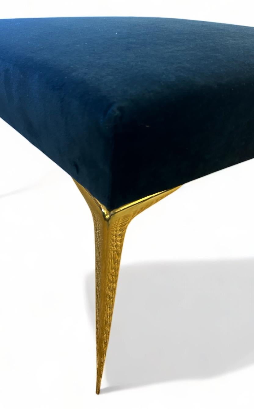 Colette Ottoman in Navy Velvet with Vintage Solid Brass Stiletto Legs In New Condition For Sale In Wilton, CT
