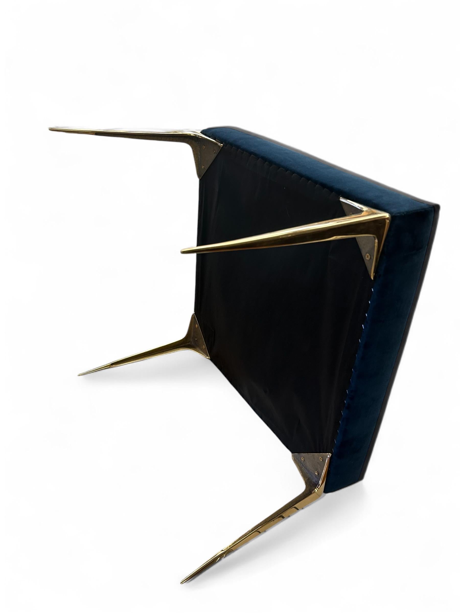 Contemporary Colette Ottoman in Navy Velvet with Vintage Solid Brass Stiletto Legs For Sale
