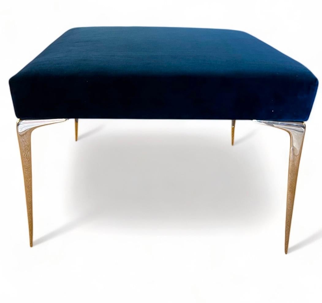 Colette Ottoman in Navy Velvet with Vintage Solid Brass Stiletto Legs For Sale 1