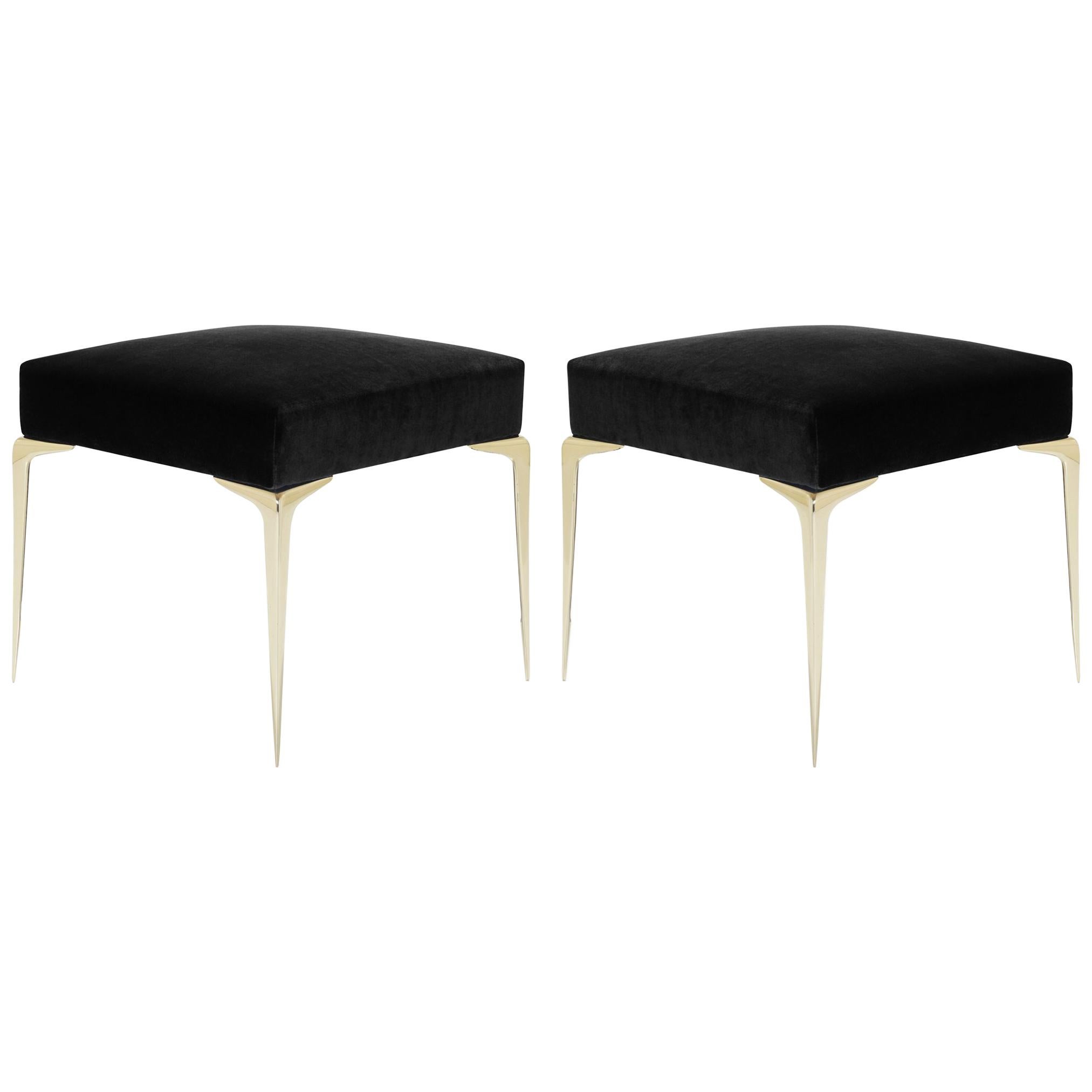 Colette Petite Brass Ottomans in Noir Velvet by Montage, Pair