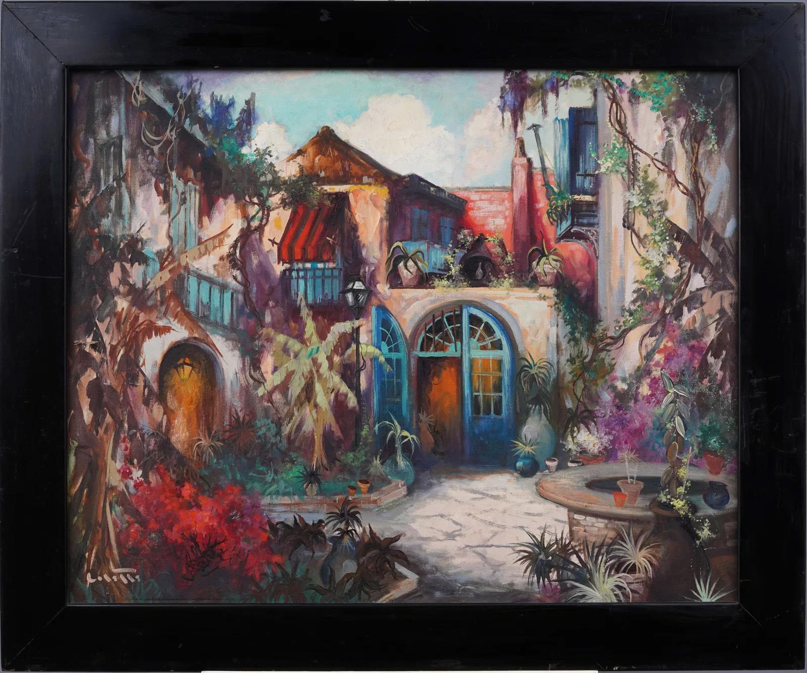 Antico dipinto ad olio impressionista americano New Orleans Courtyard Southern - Painting di Colette Pope Heldner