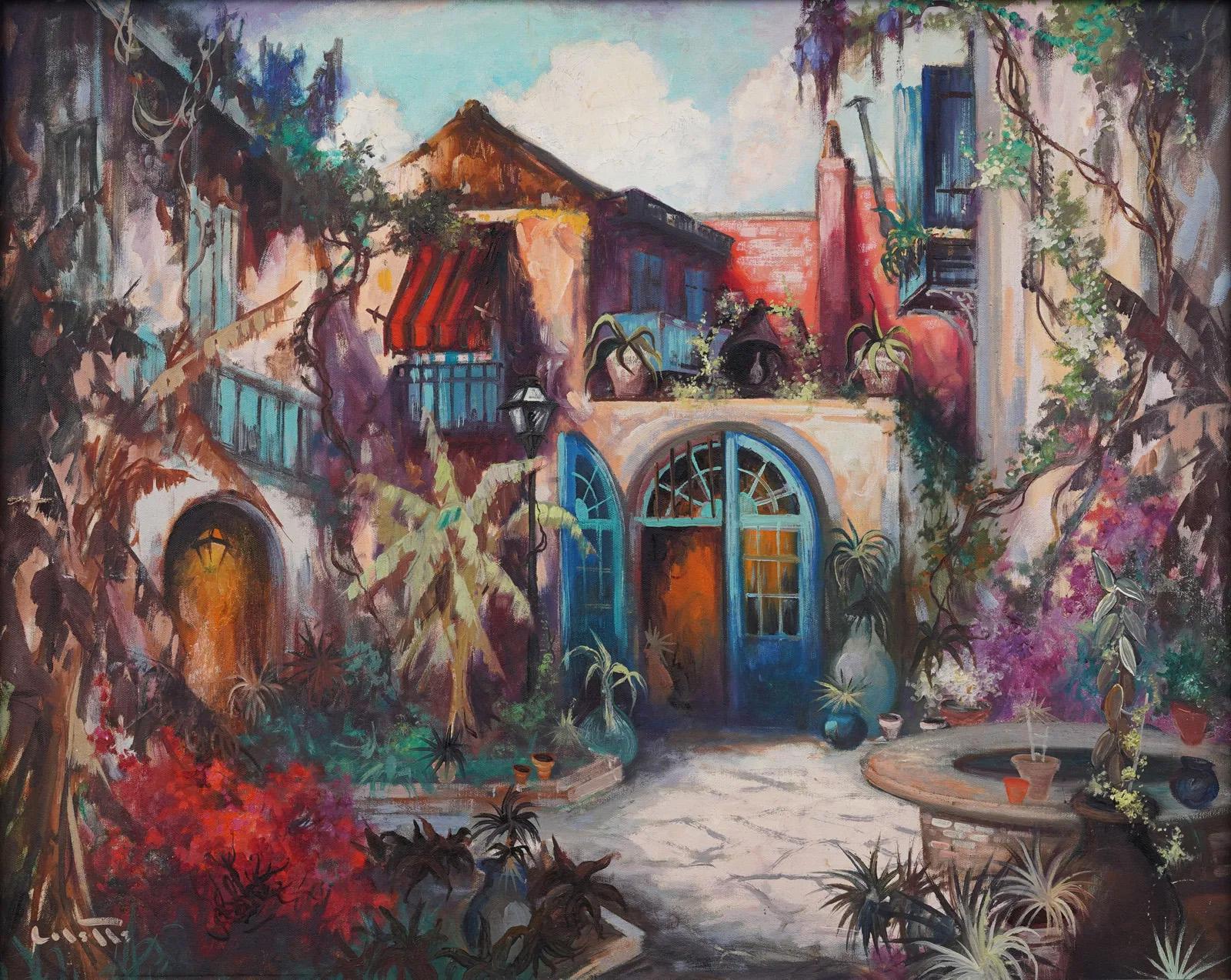 Antico dipinto ad olio impressionista americano New Orleans Courtyard Southern - Painting Impressionismo di Colette Pope Heldner