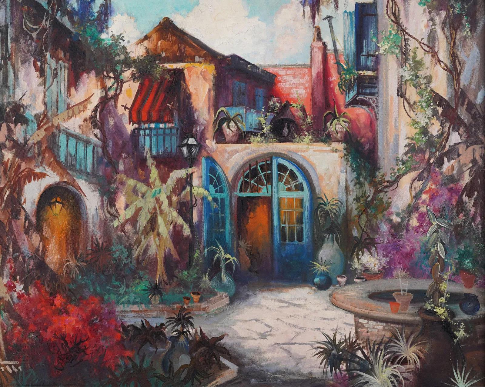 Antico dipinto ad olio impressionista americano New Orleans Courtyard Southern - Landscape Painting Nero di Colette Pope Heldner