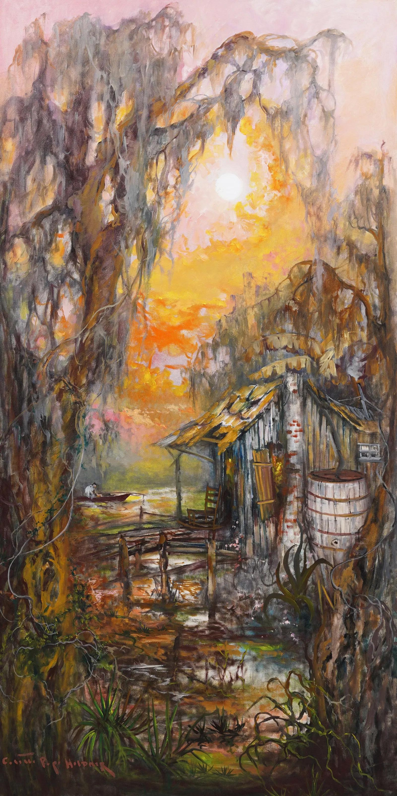 Antique American Impressionist Southern School Swamp Bayou Scene Oil Painting - Gray Landscape Painting by Colette Pope Heldner