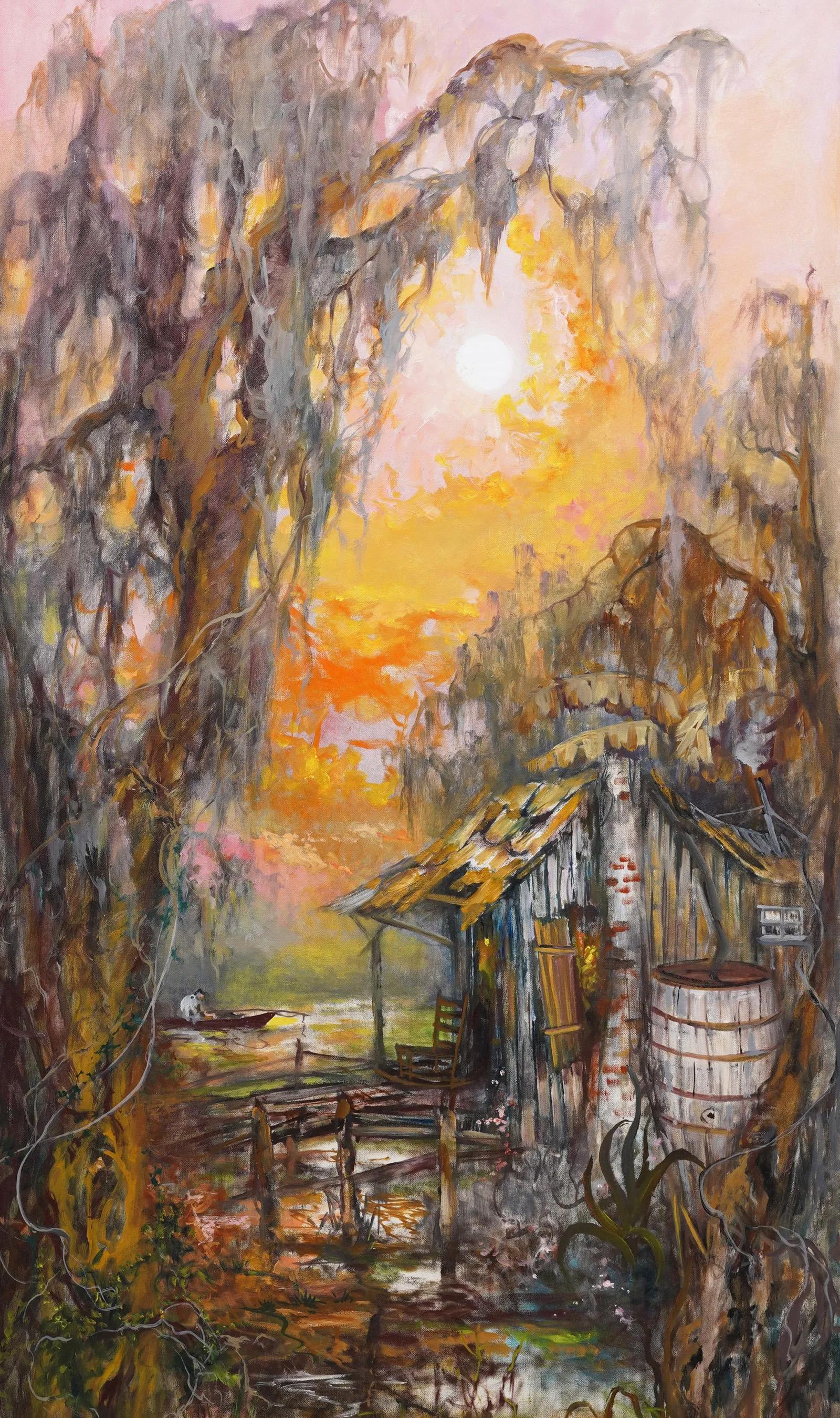 Large and rare early American Louisiana Bayou scene painting by Colette Pope Heldner (1902 - 1990).  Framed.  Oil on canvas.  Signed.  Image size, 48H by 24L.