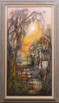 Antique American Impressionist Southern School Swamp Bayou Scene Oil Painting