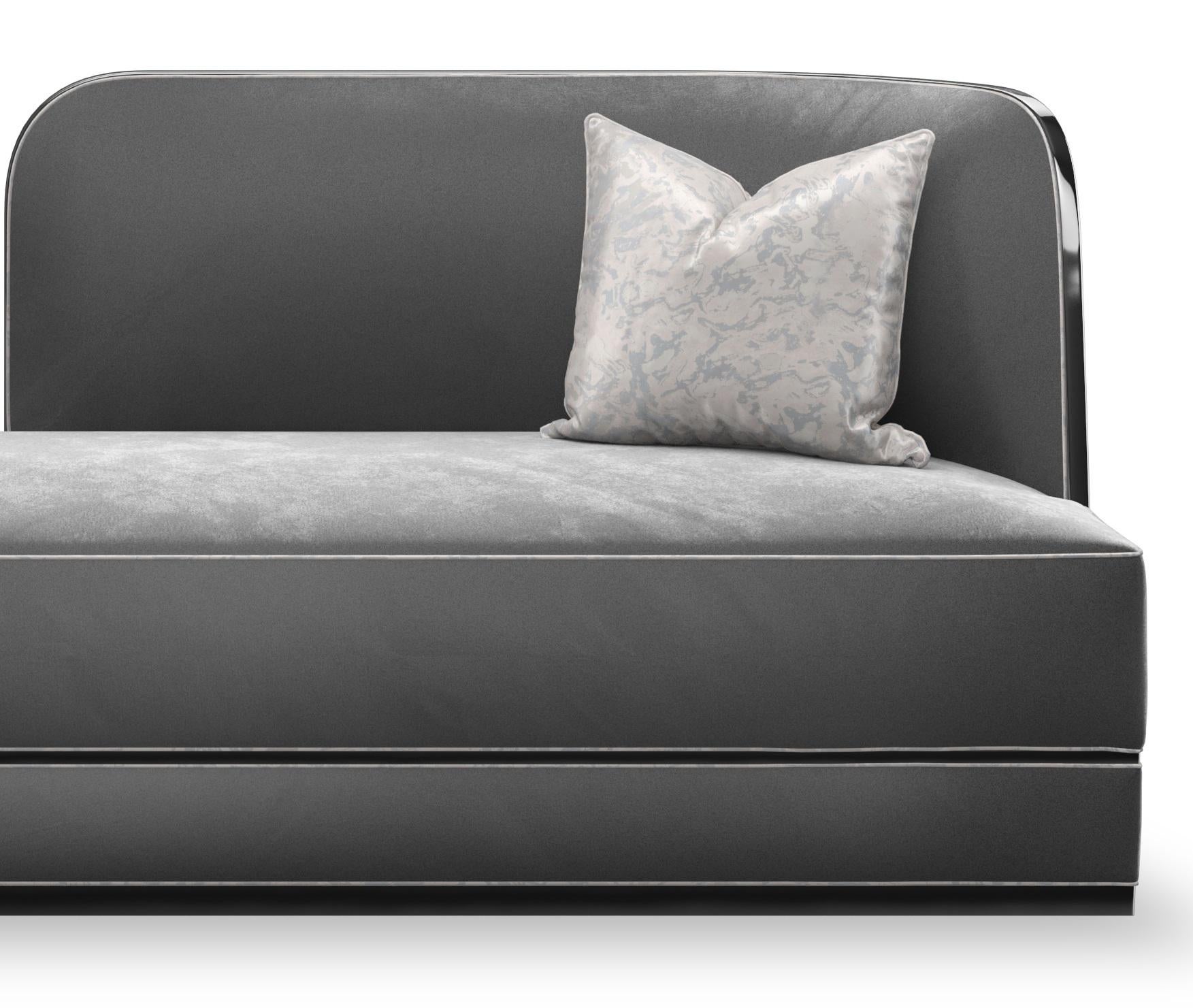 Colette Sofa by Memoir Essence
Dimensions: D 80 x W 220 x H 75 cm.
Materials: Velvet PRS, satin ZNC and lacquer.

Also available in client's fabric. Please contact us.

Colette Sofa is a statement on this collection, presenting a twist between a
