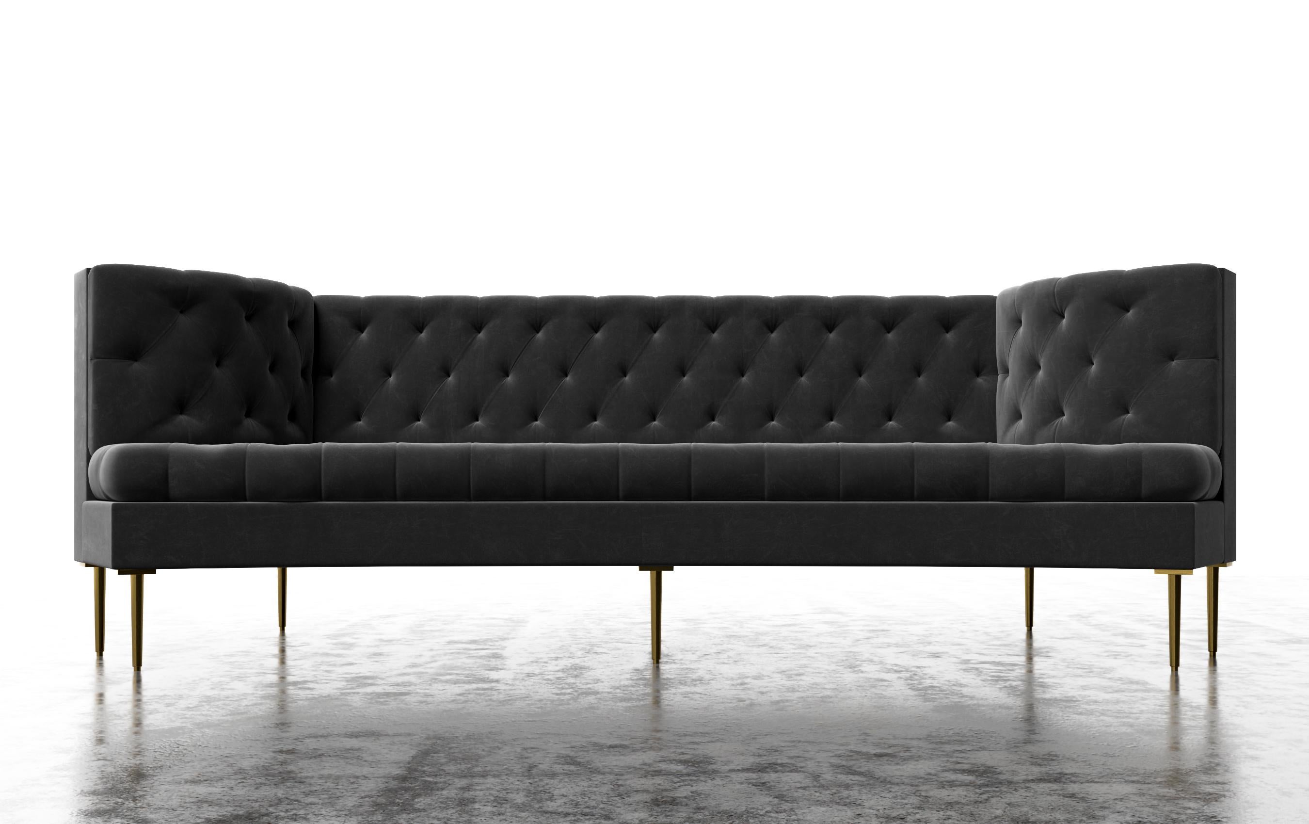 The Colette Sofa features a modern tufted tightly upholstered frame with dramatic curved arm details. Fully custom and made to order in California. As shown in Luxury Velvet/Charcoal $12,680.  Starting at $10,880.