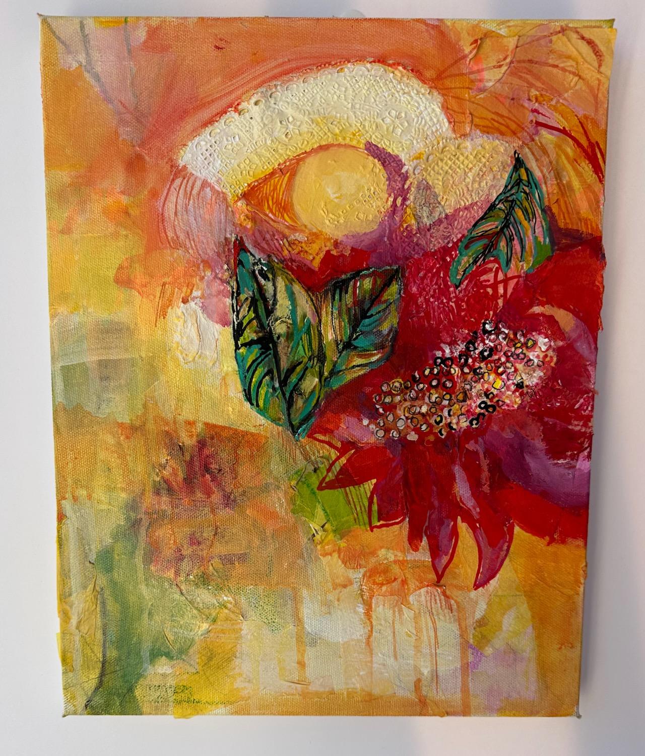 <p>Artist Comments<br>Bright oranges and yellows capture the essence of fall in this collage and acrylic painting. The sun motif and warm tones give the composition a soft, glowing radiance. Green leaves add contrast. Artist Colette Wirz Nauke