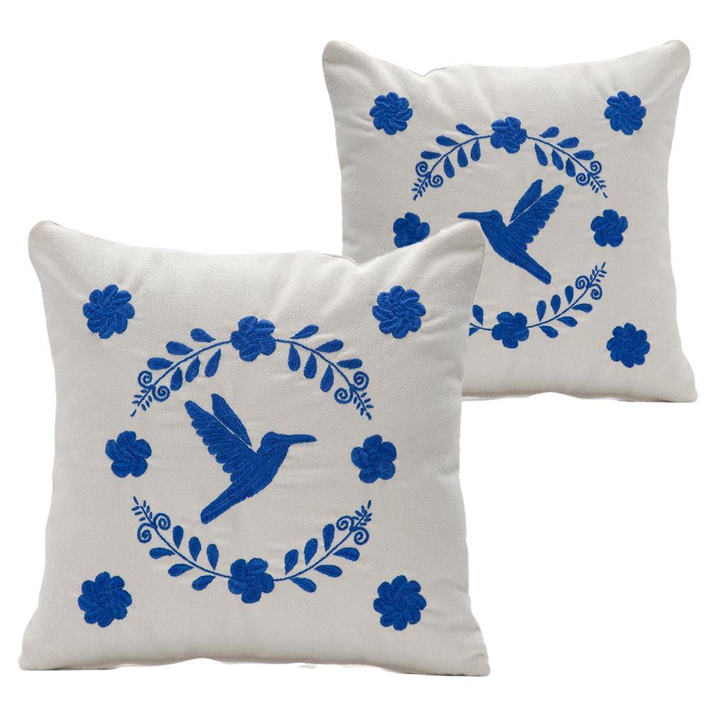 COLIBRÍ Hand Embroidered Decorative Pillows in Ivory Upholstery ANDEAN, Set of 2