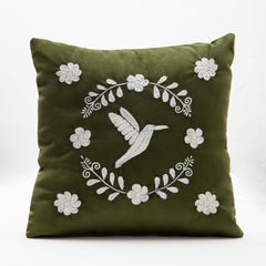 COLIBRÍ Hand Embroidered Decorative Pillows in Olive Velvet by ANDEAN, Set of 2