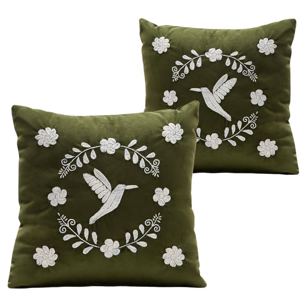 COLIBRÍ Hand Embroidered Decorative Pillows in Olive Velvet by ANDEAN, Set of 2