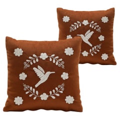 COLIBRÍ Hand Embroidered Decorative Pillows in Terracota Velvet ANDEAN, Set of 2