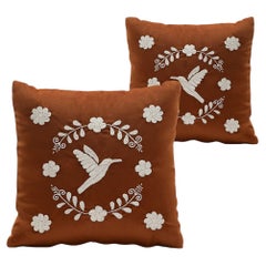 COLIBRÍ Hand Embroidered Decorative Pillows in Terracota Velvet ANDEAN, Set of 2