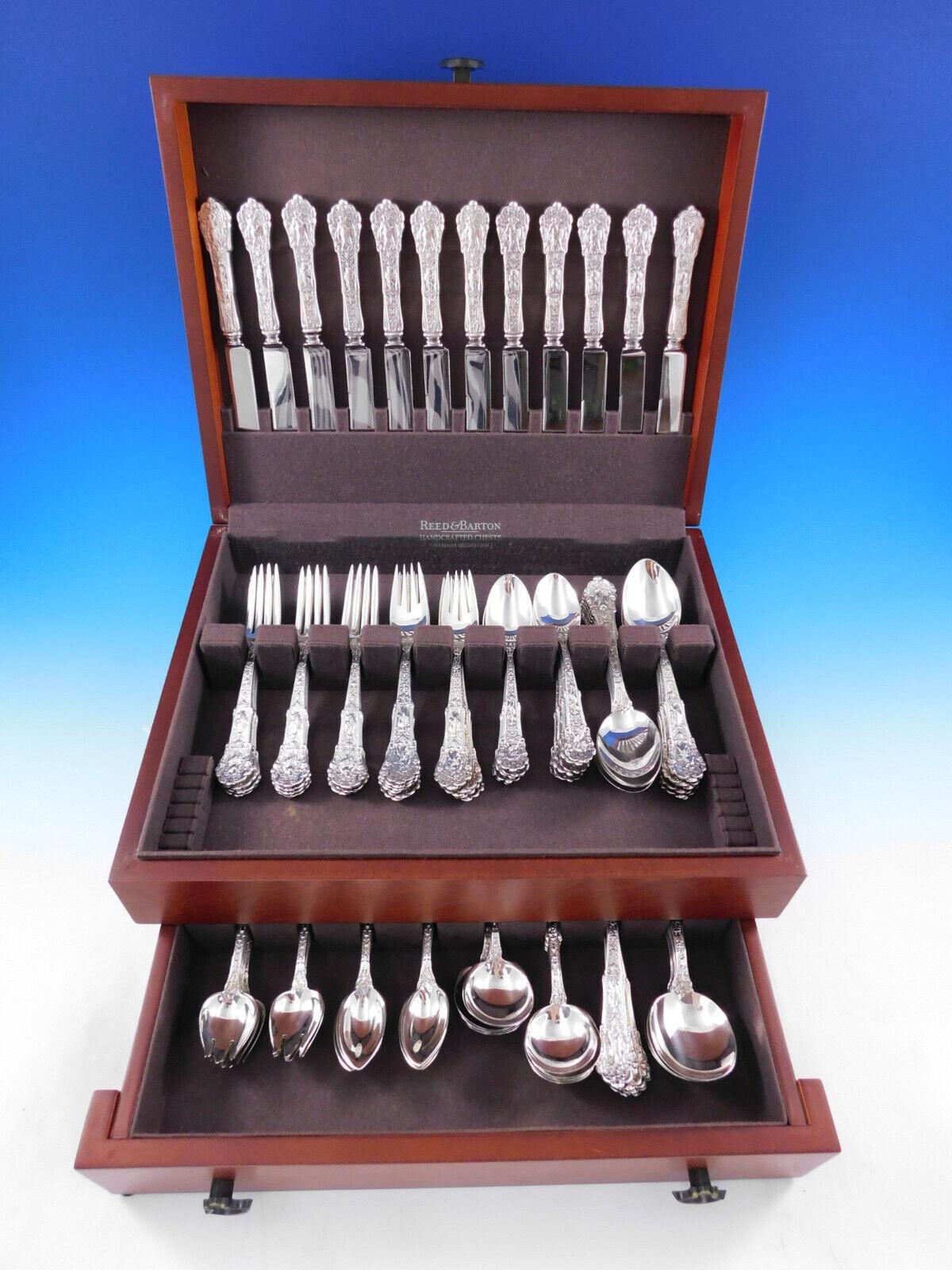 Rare Coligni by Gorham sterling silver figural multi-motif Flatware set - 108 pieces. This pattern was designed by renowned artist Antoine Heller, and introduced by Gorham in the year 1889. This set includes:

12 Luncheon Knives, 8 3/4