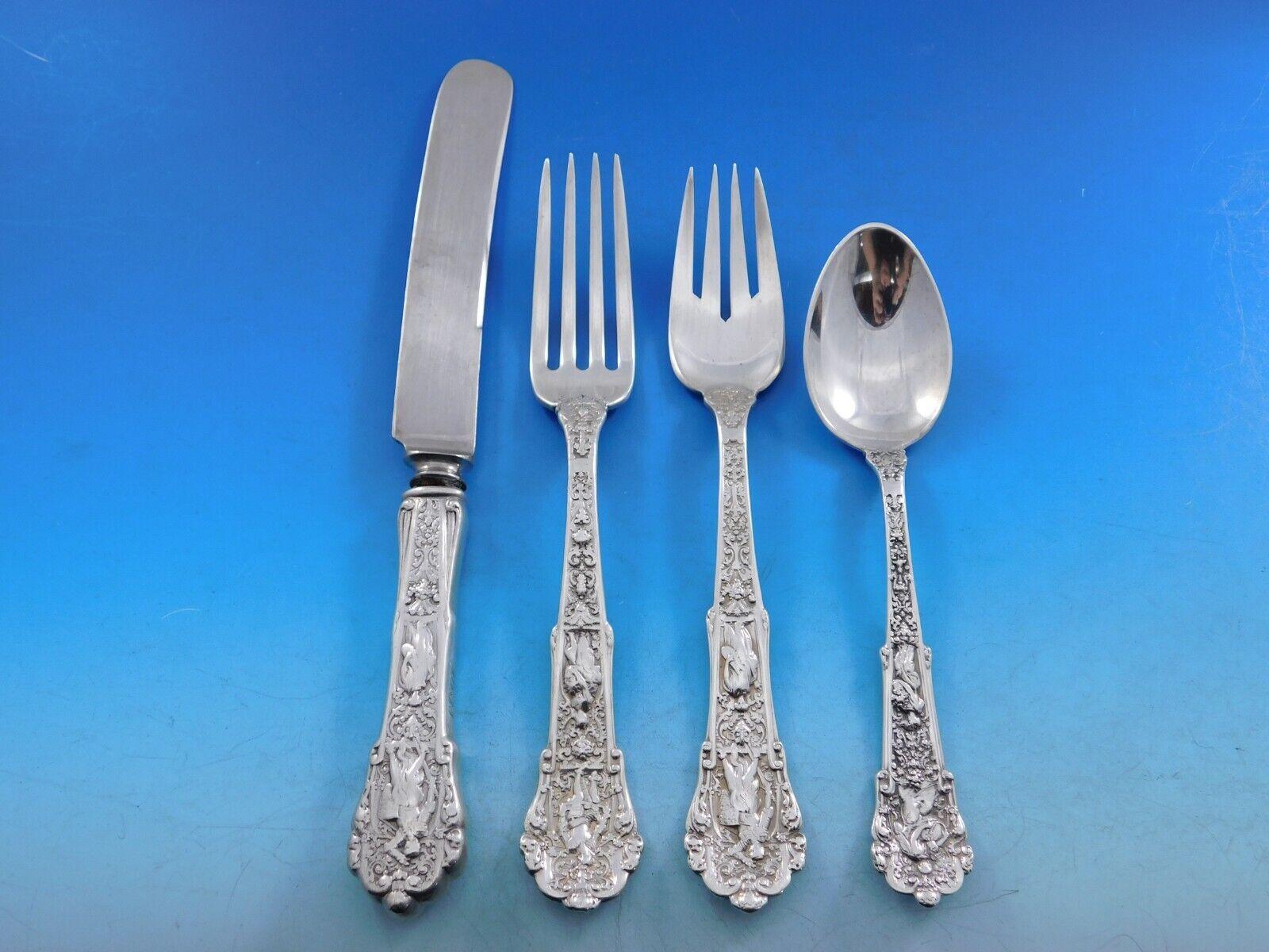 Rare Dinner and Luncheon size Coligni by Gorham sterling silver figural multi-motif Flatware set - 144 pieces. This pattern was designed by renowned artist Antoine Heller, and introduced by Gorham in the year 1889. This set includes:

12 Dinner