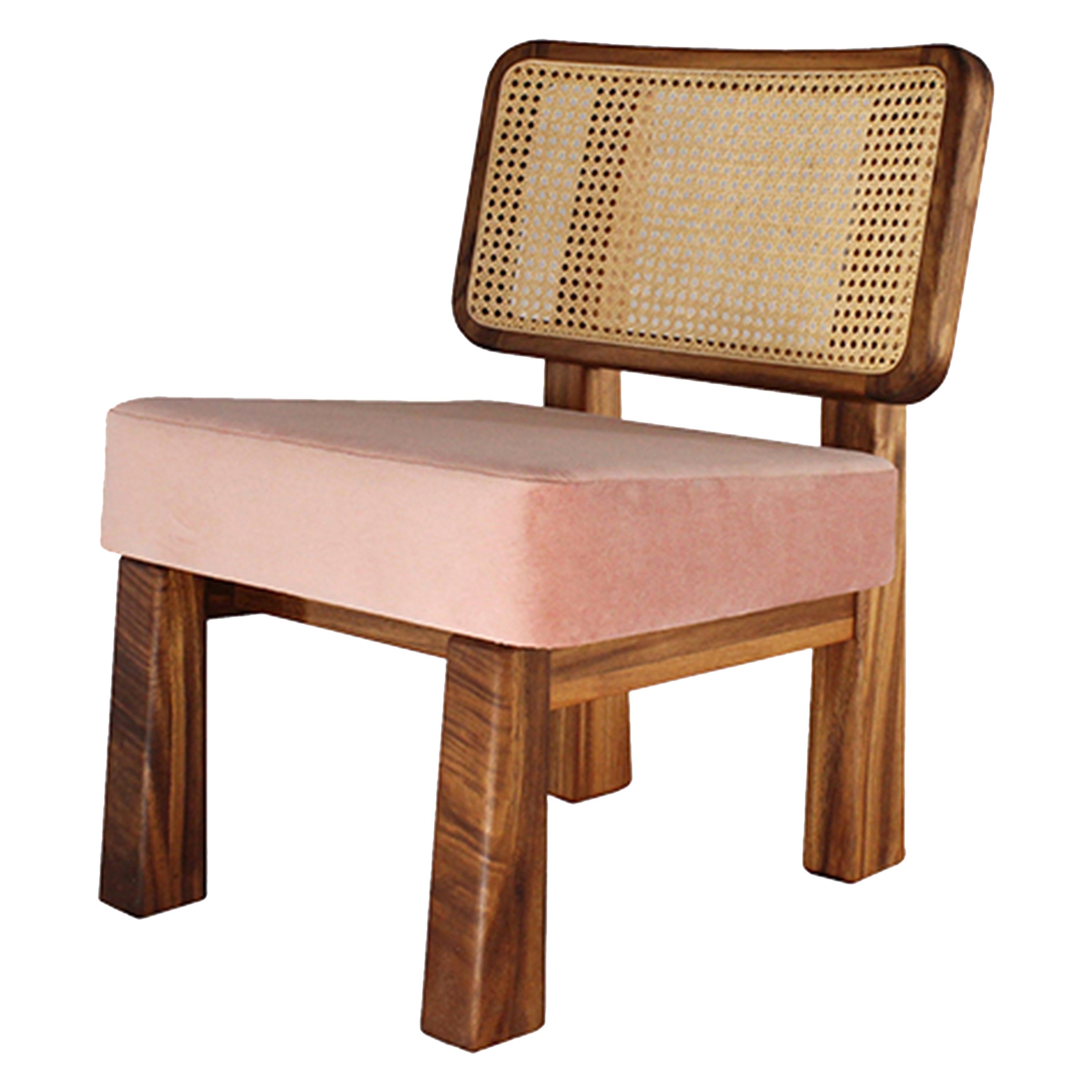 Colima Low Chair Solid Wood and Wicker Back, Contemporary Mexican Design For Sale