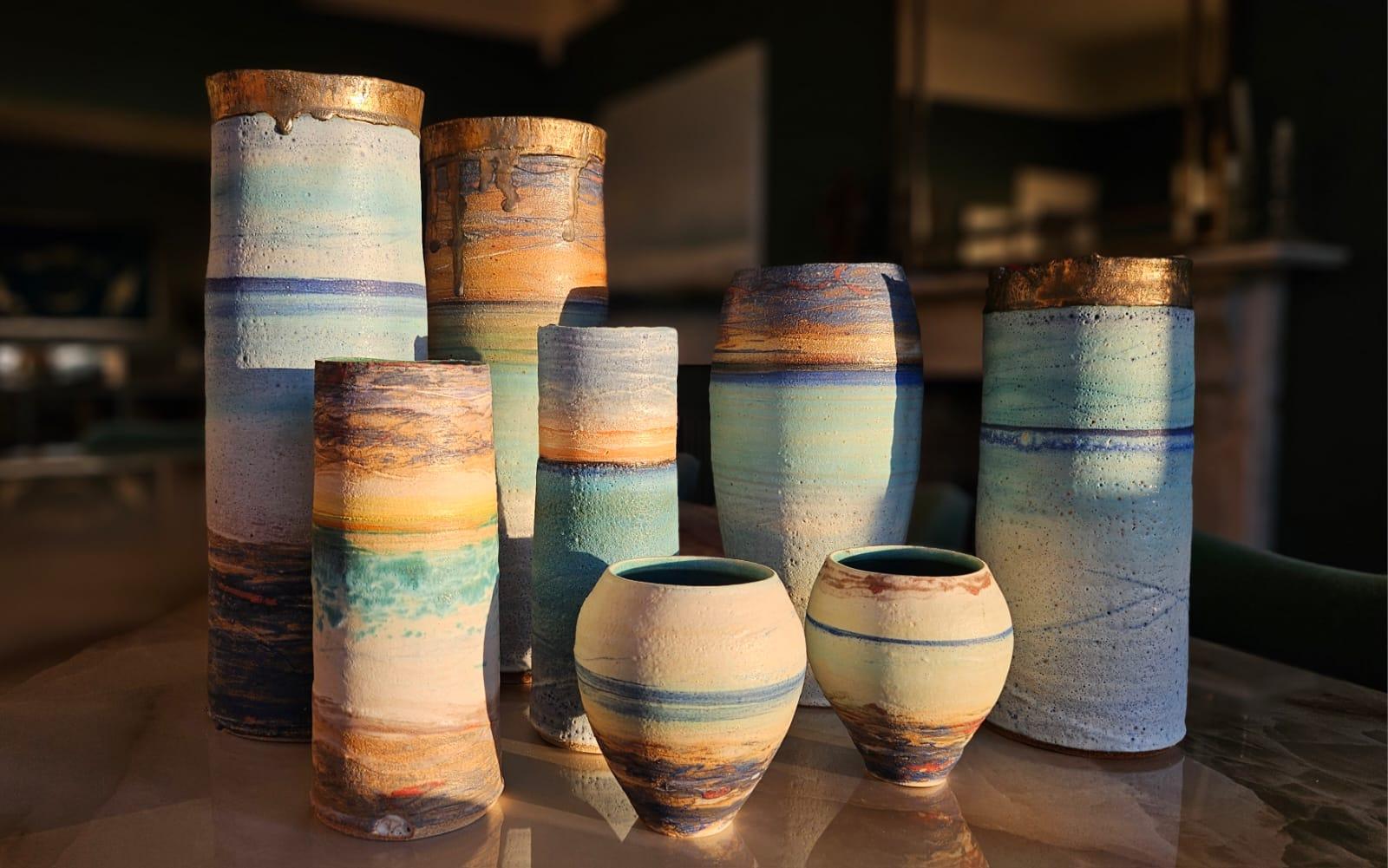 Large Cylinder Vessel Sunset, Colin Caffell, Meer, Keramik, Skulptur, Handwerk im Angebot 3