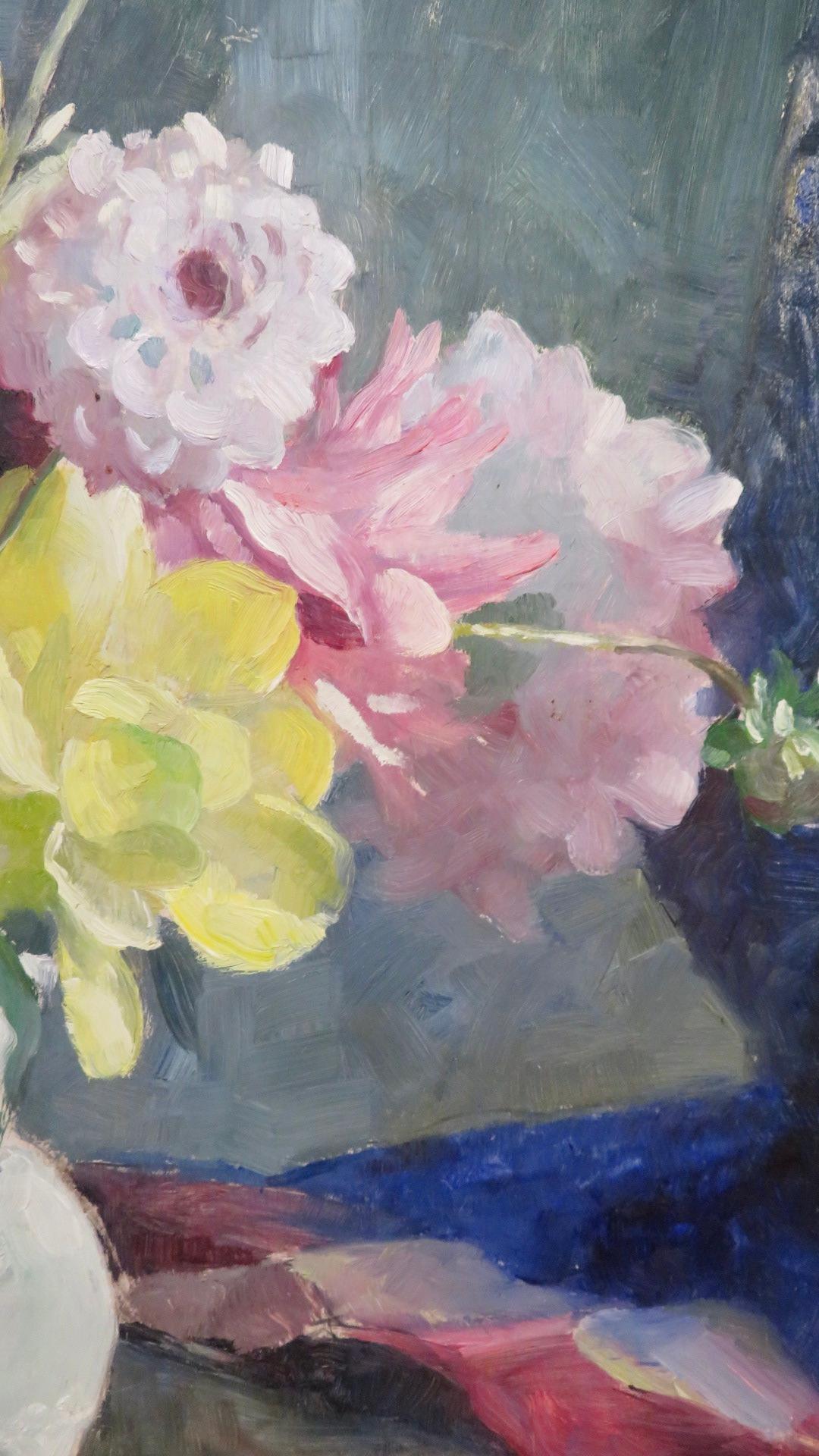 ARTIST:Colin Caairness Campbell (1894-1970) Scottish

TITLE: “Still Life Of Flowers

SIGNED: lower right

MEDIUM: oil on panel

SIZE:  70cm x 62cm inc frame

CONDITION: very good - small hairline crack to the panel middle top. Some wear to the
