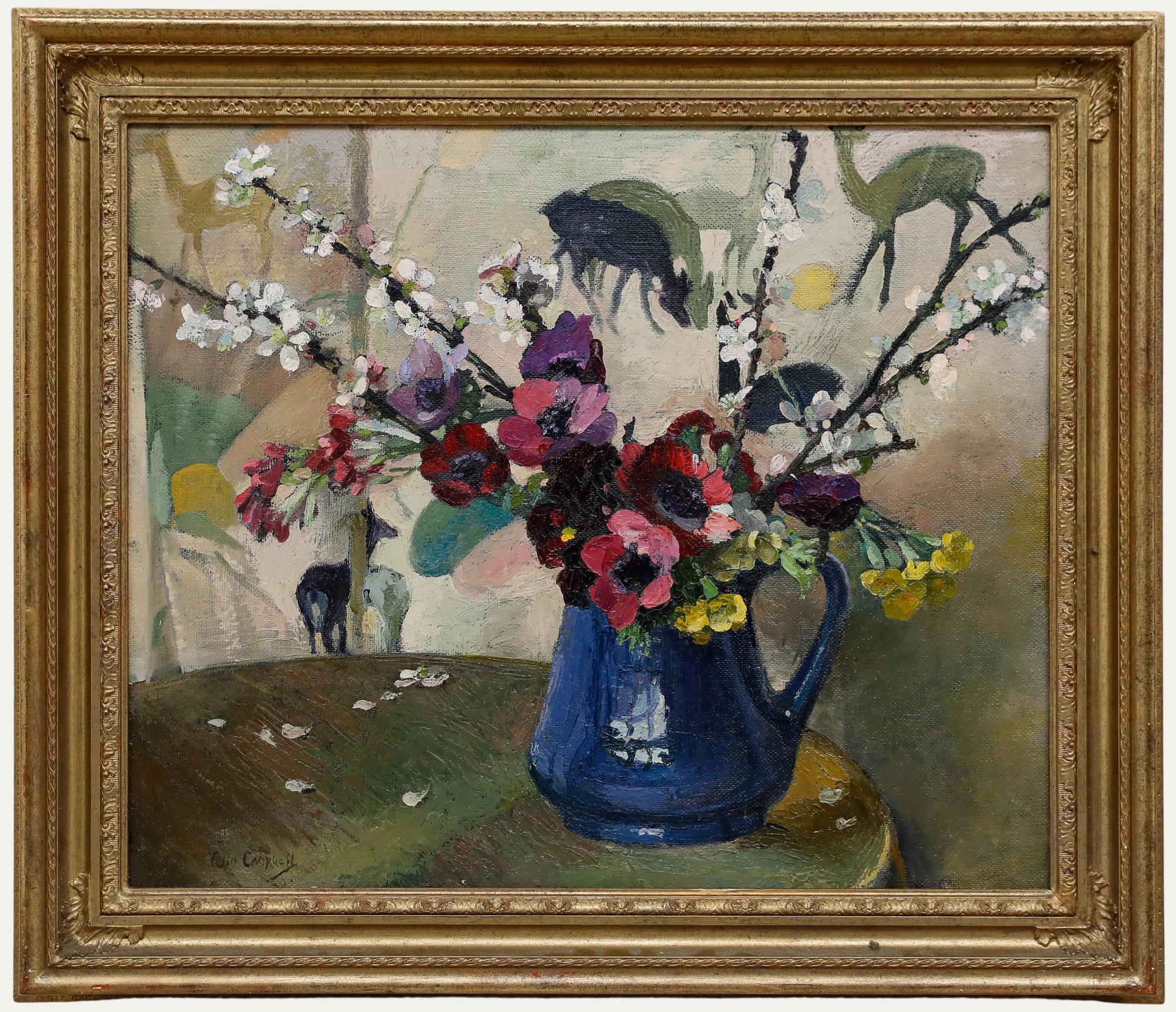 A delightful still life by the well-listed Scottish artist Colin Cairns Clinton Campbell (1894–1970), depicting a vibrant arrangement of spring flowers set in a cobalt-glazed jug. In the background, delicate wallpaper adorned with pastel-toned deer