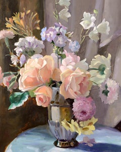 Flowers in a Vase - Fine 20th Century Scottish Roses Still Life Oil Painting