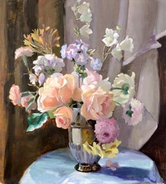 Flowers in a Vase - Fine 20th Century Scottish Roses Still Life Oil Painting