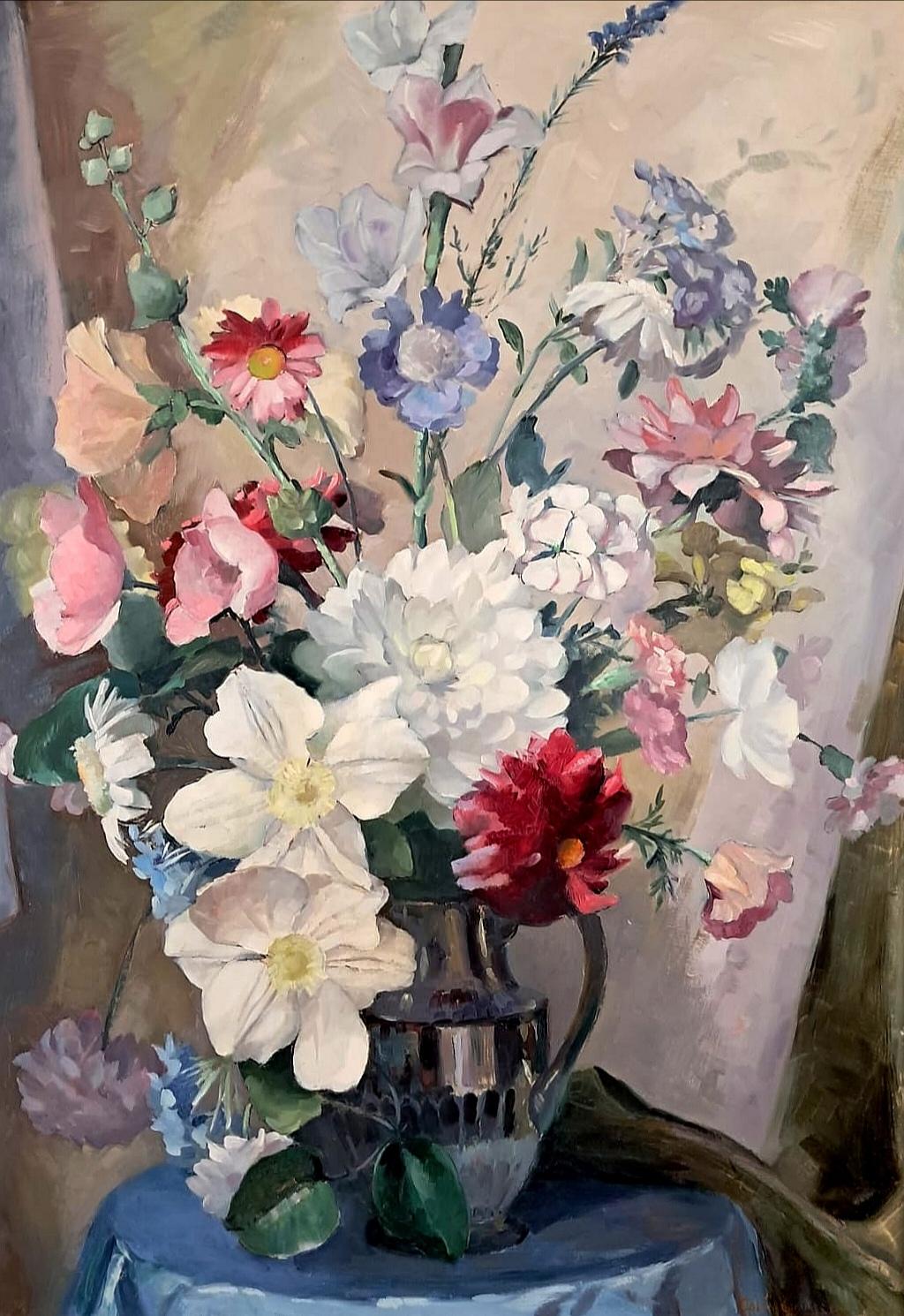 Fleurs dans un vase - Grande peinture écossaise du 20e siècle à l'huile sur panneau Nature morte - Painting de Colin Cairns Clinton Campbell