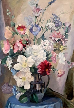 Fleurs dans un vase - Grande peinture écossaise du 20e siècle à l'huile sur panneau Nature morte