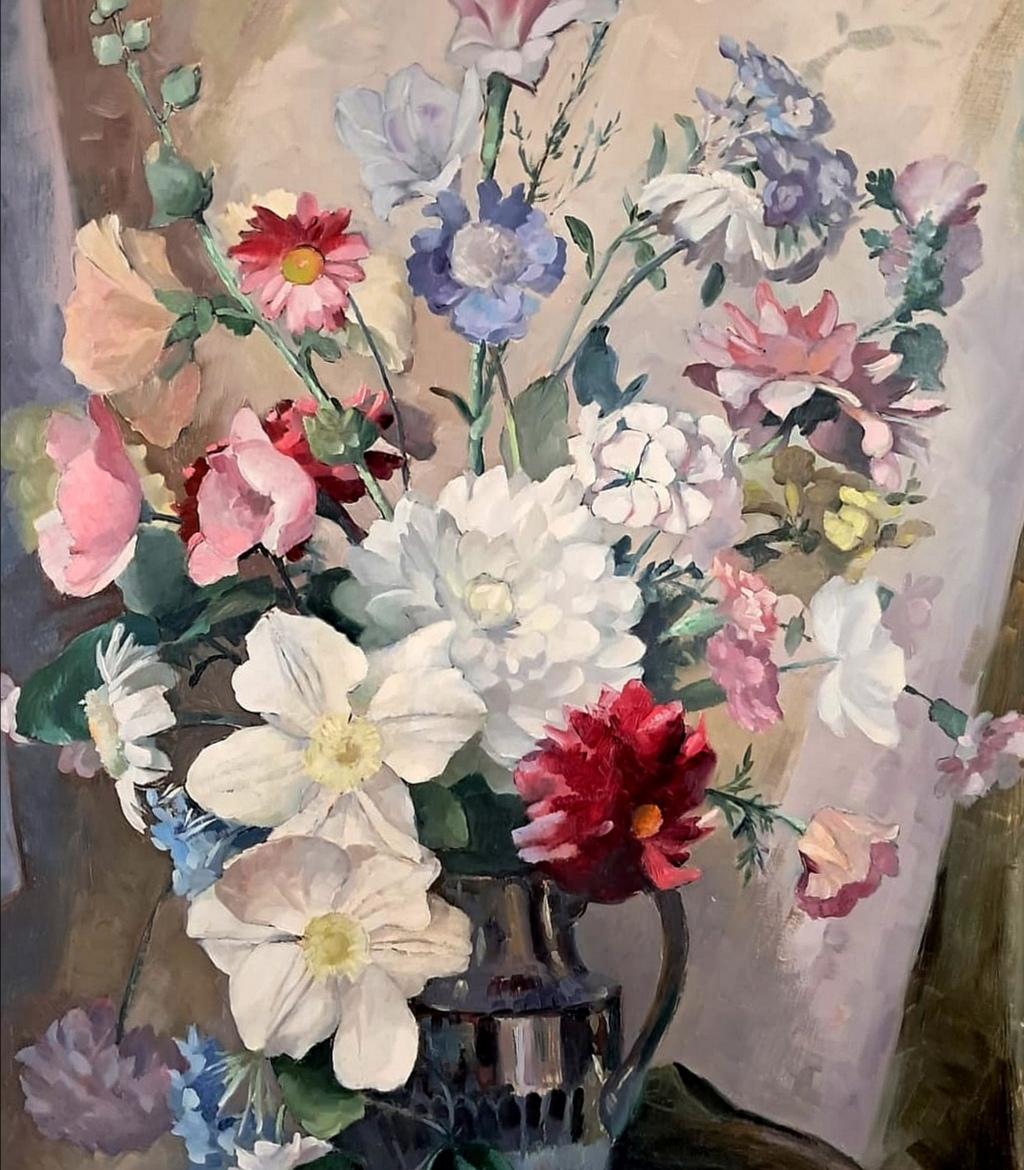 Fleurs dans un vase - Grande peinture écossaise du 20e siècle à l'huile sur panneau Nature morte - Marron Still-Life Painting par Colin Cairns Clinton Campbell