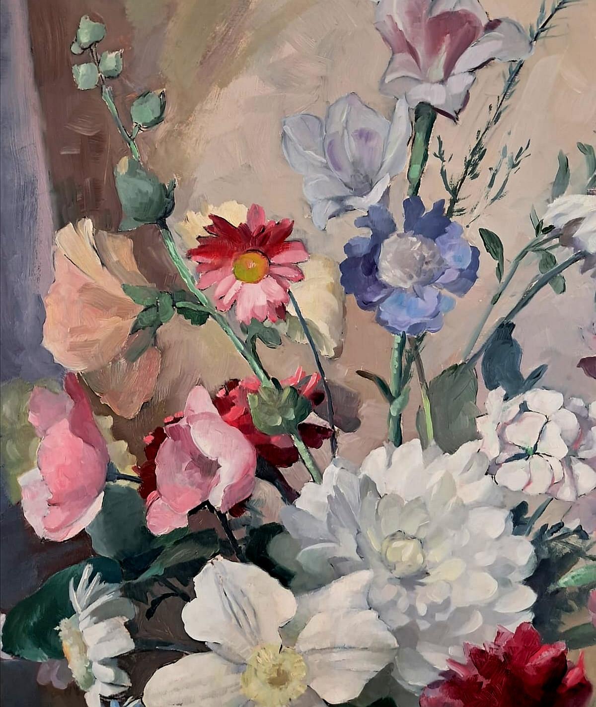 Fleurs dans un vase - Grande peinture écossaise du 20e siècle à l'huile sur panneau Nature morte en vente 1