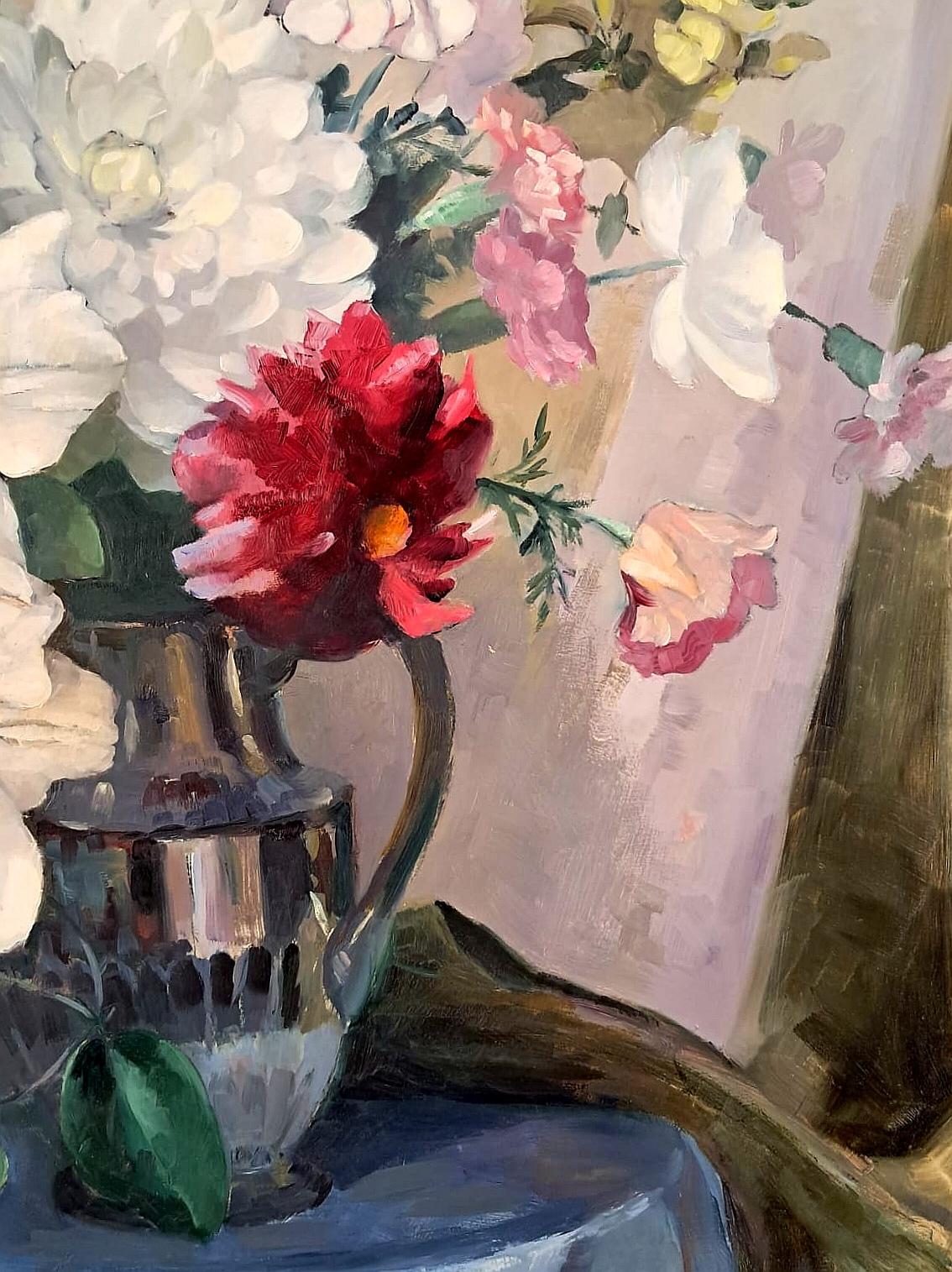 Fleurs dans un vase - Grande peinture écossaise du 20e siècle à l'huile sur panneau Nature morte en vente 2