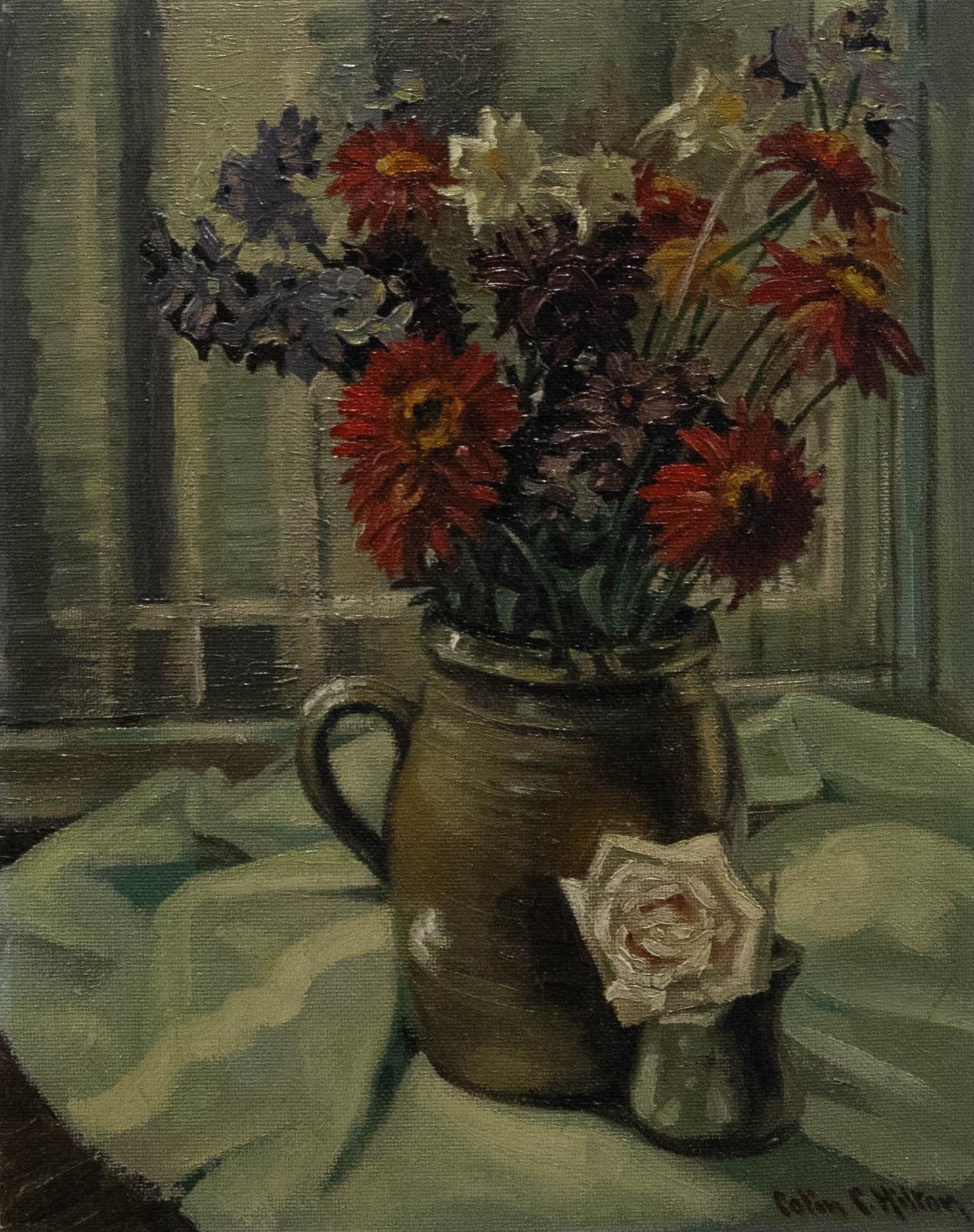 A delightful floral still life by Colin Clough Hilton (1902-1984). Painted in an impressionist manner with energetic brush work. Signed to the lower right. With a Lancashire Group of Artists label verso. On canvas laid to board.