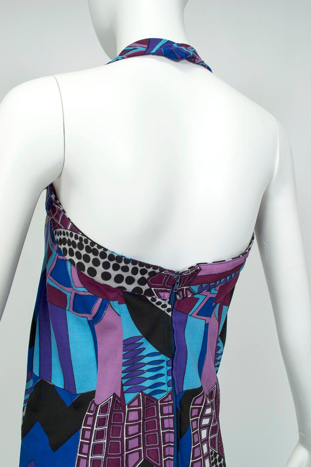 Signed Colin Glascoe Blue Abstract Stained Glass Midi Halter Dress - M, 1970s For Sale 2