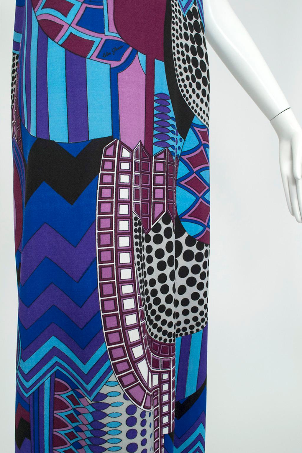 Signed Colin Glascoe Blue Abstract Stained Glass Midi Halter Dress - M, 1970s For Sale 3