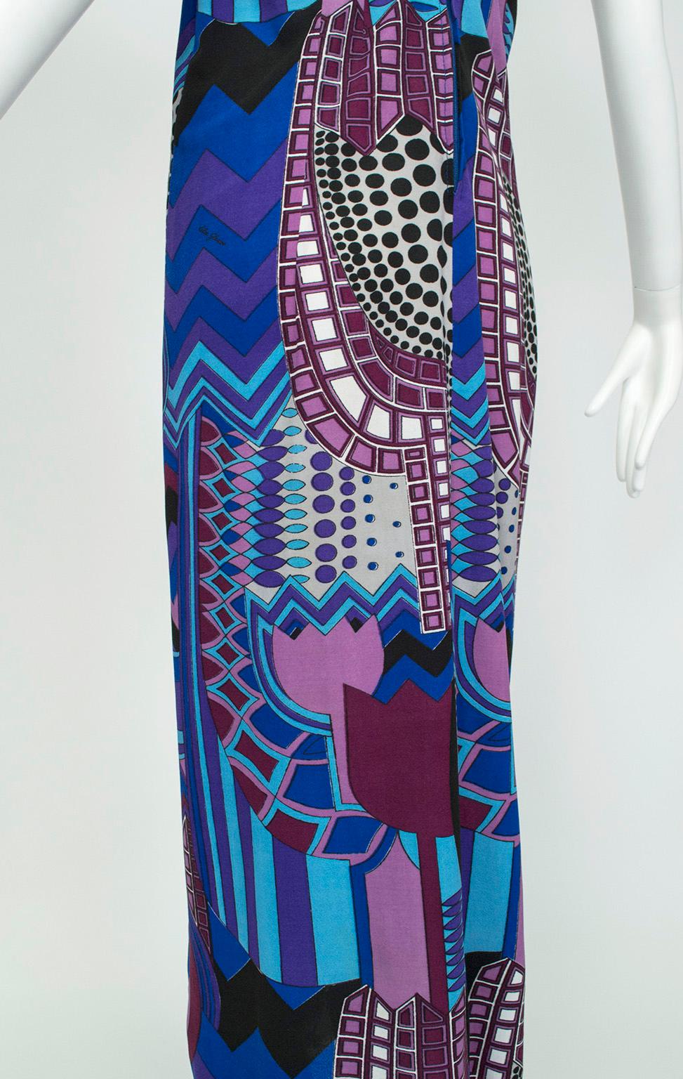 Signed Colin Glascoe Blue Abstract Stained Glass Midi Halter Dress - M, 1970s For Sale 4