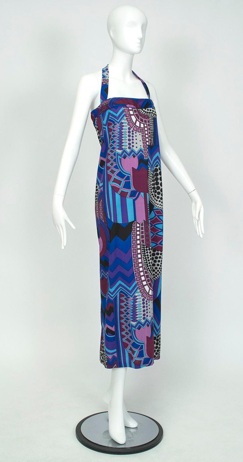 Signed six times, this halter dress is the creation of London designer Colin Glascoe, whose psychedelic prints held their own with Pucci, Liberty of London and Bessi.  Unlike his contemporaries’ pieces, however, this statuesque dress is machine