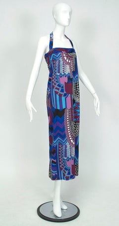 Signed Colin Glascoe Blue Abstract Stained Glass Midi Halter Dress - M, 1970s