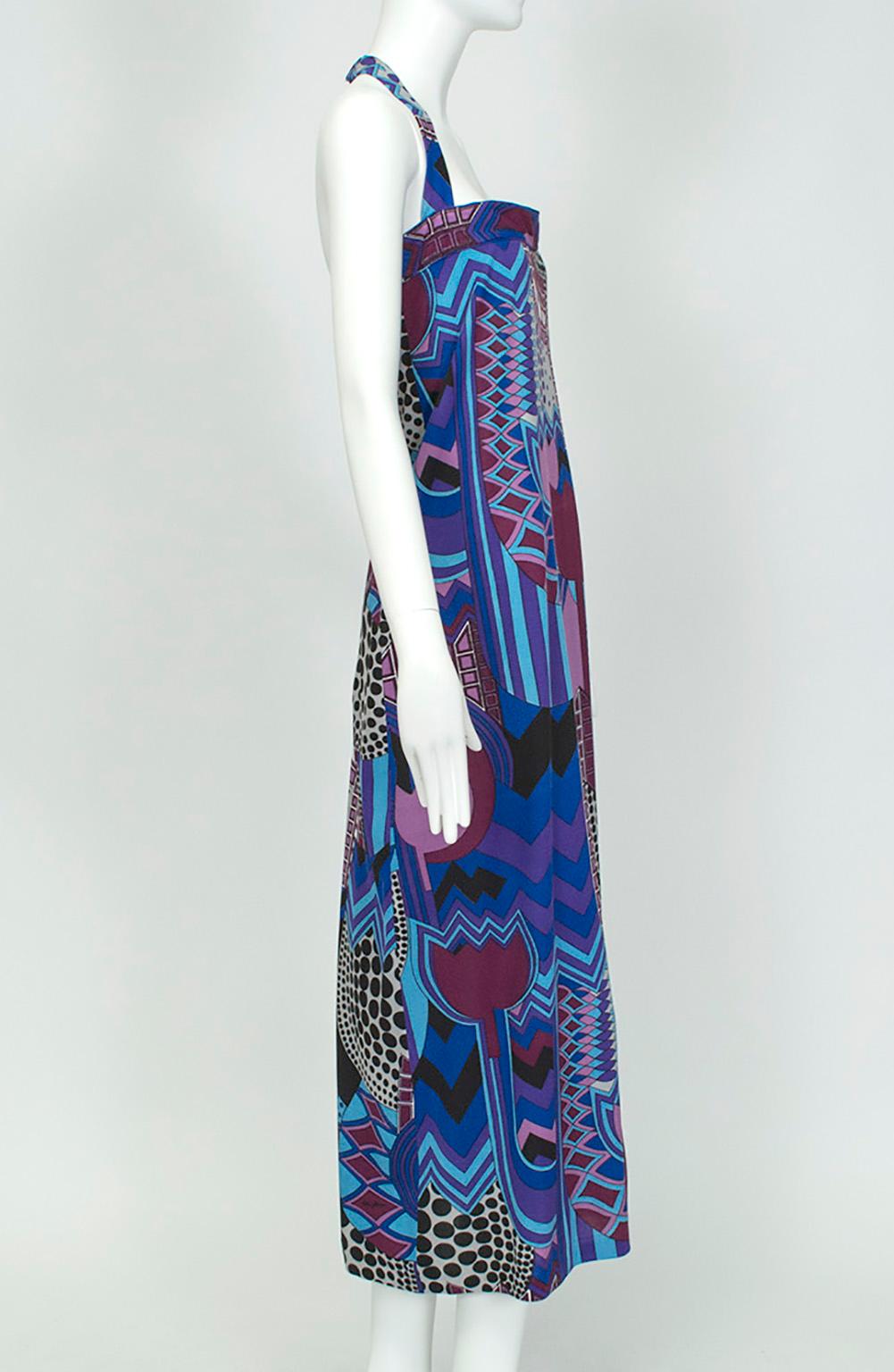 Purple Signed Colin Glascoe Blue Abstract Stained Glass Midi Halter Dress - M, 1970s For Sale