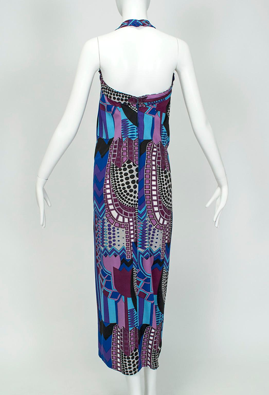 Signed Colin Glascoe Blue Abstract Stained Glass Midi Halter Dress - M, 1970s In Good Condition For Sale In Tucson, AZ