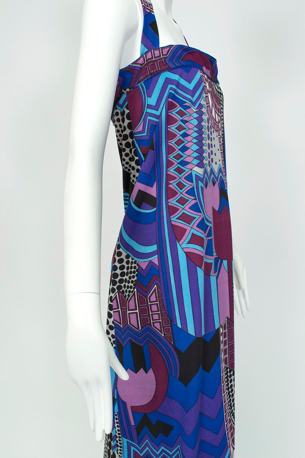 Women's Signed Colin Glascoe Blue Abstract Stained Glass Midi Halter Dress - M, 1970s For Sale