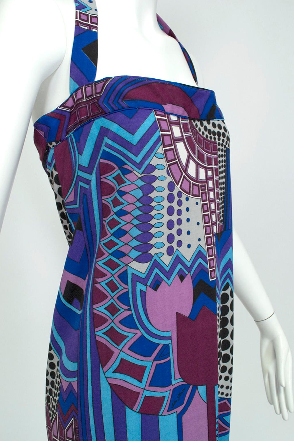 Signed Colin Glascoe Blue Abstract Stained Glass Midi Halter Dress - M, 1970s For Sale 1