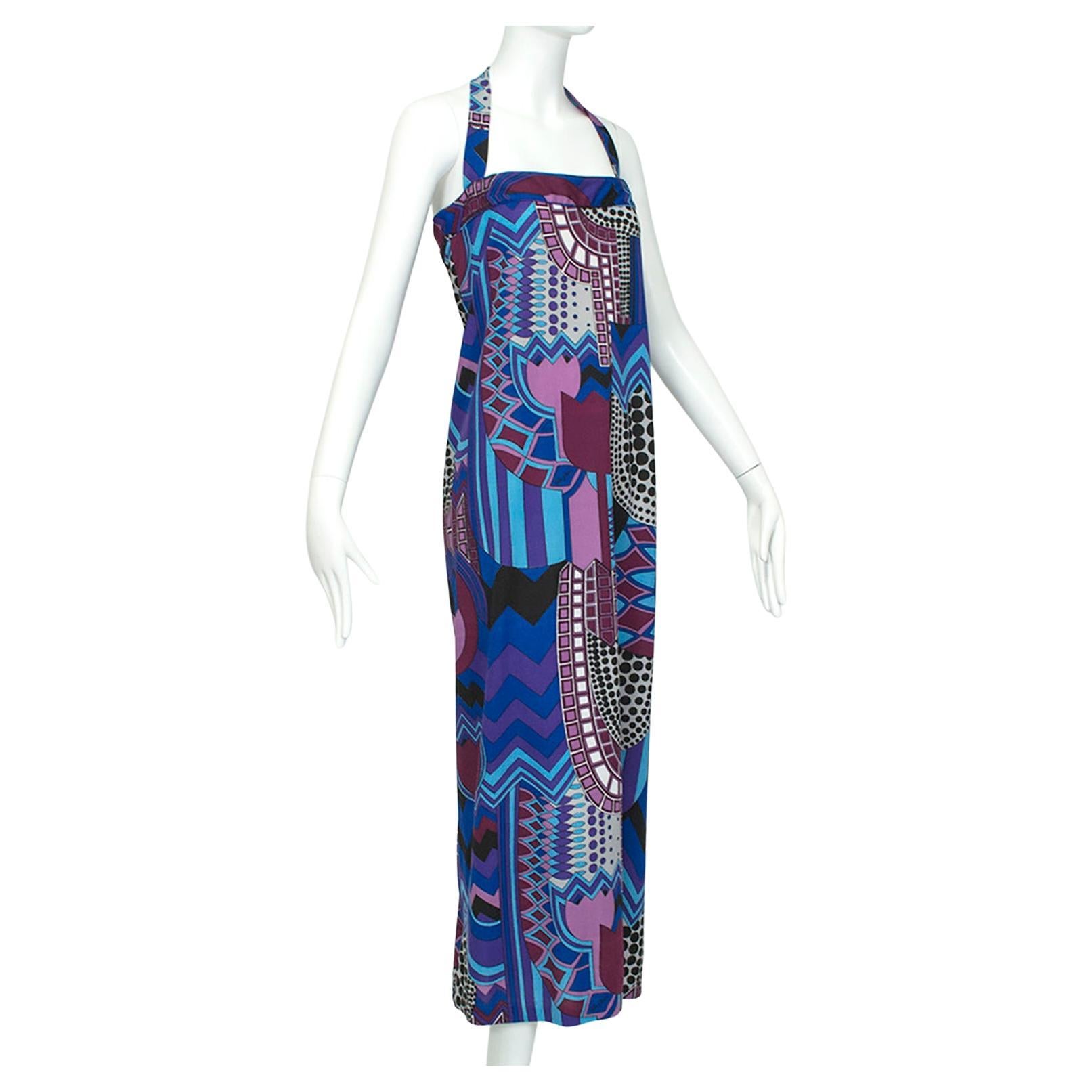 Signed Colin Glascoe Blue Abstract Stained Glass Midi Halter Dress - M, 1970s